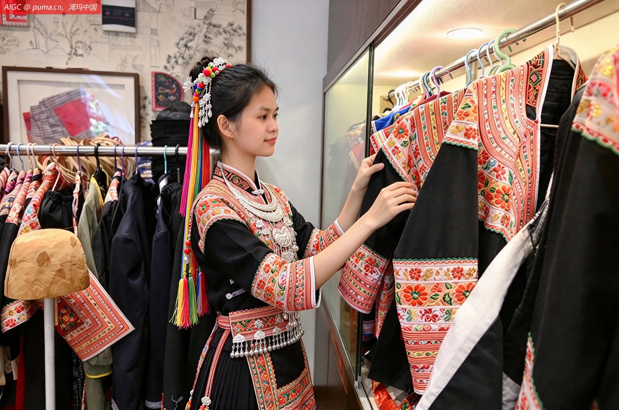 畲族服饰国家级代表性传承人在整理畲族凤凰装