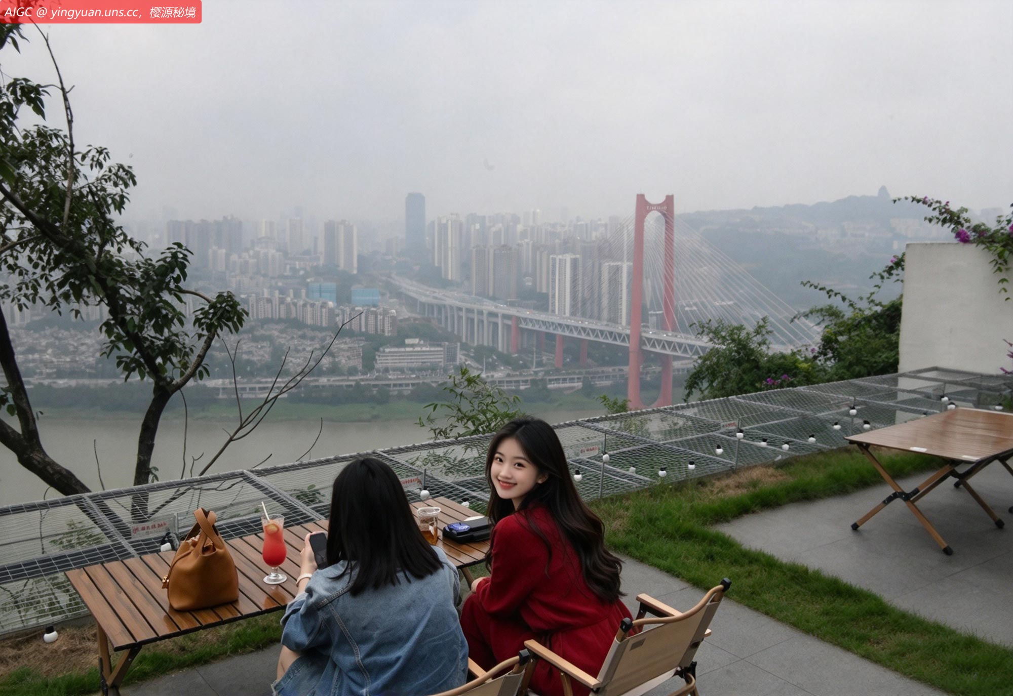 游客在重庆半山崖线的悬崖咖啡馆打卡。