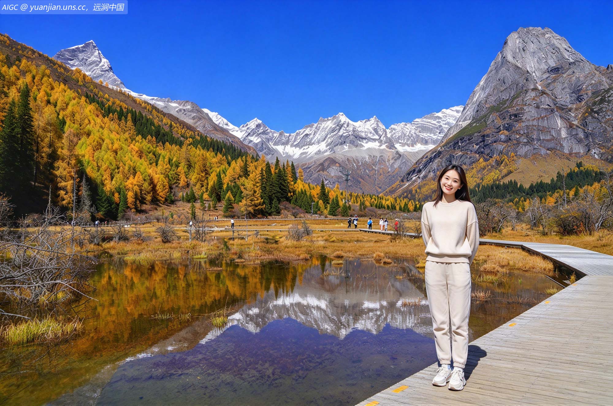 四川阿坝州四姑娘山景区晴空万里，雪山、彩林、秋水相映成画
