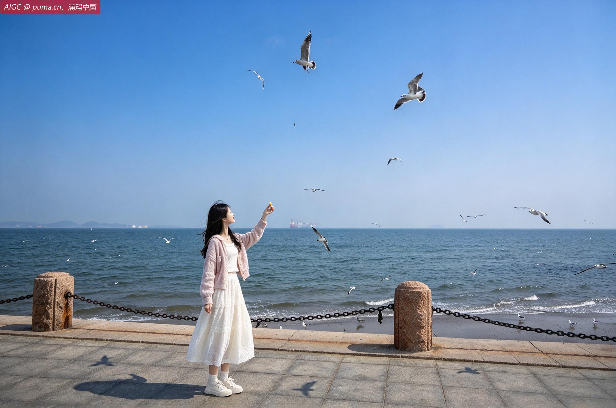 山东烟台第一海水浴场，市民投喂海鸥
